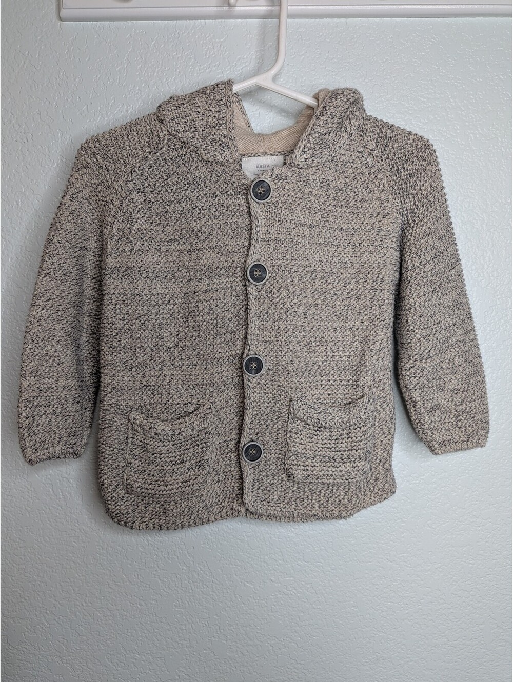 ZARA knit hooded baby cardigan beige marled knit 12-18mo